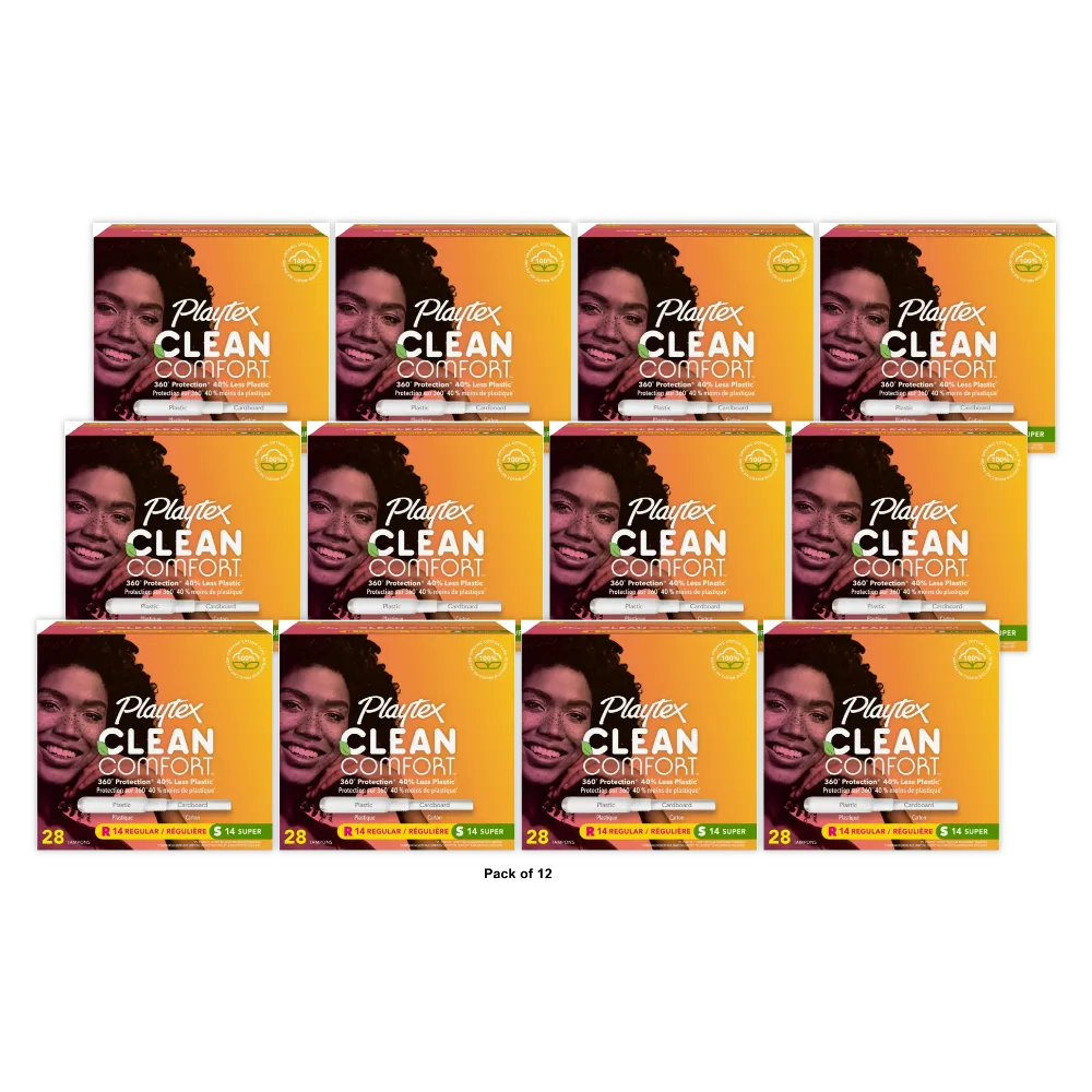 Playtex Clean Comfort Organic Cotton Multipack Tampons 14 Regular and 14 Super Tampons 5.76oz (Pack of 12)