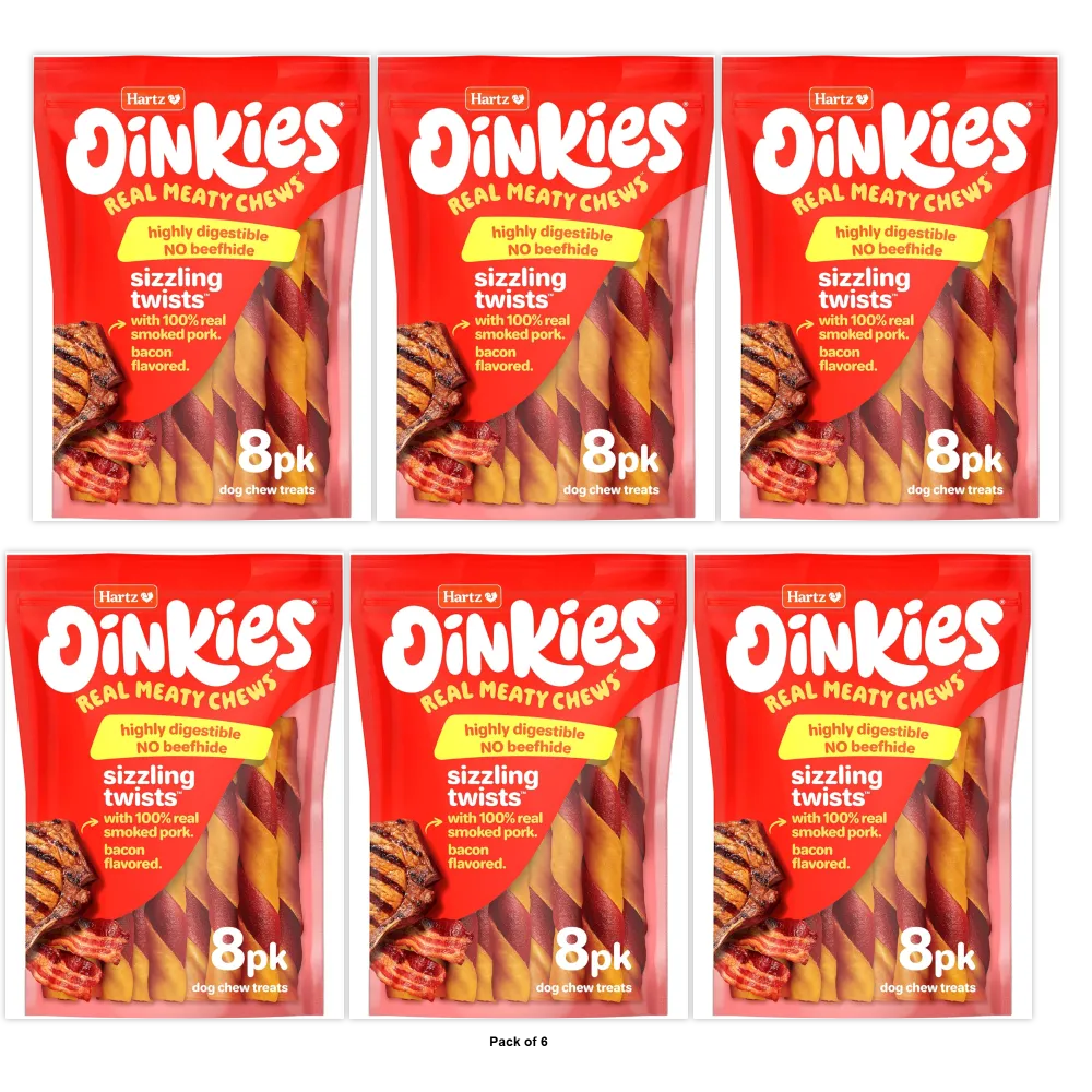 Hartz Oinkies Smoked Pig Skin Bacon Flavored Wrap Dog Treat Chews 8 Ea 8.75 Oz (Pack of 6)
