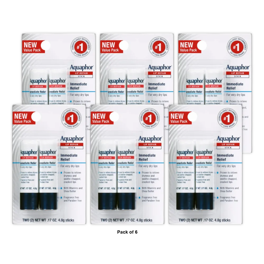 Aquaphor Lip Repair Stick Soothes Dry Chapped Lips 2 Sticks 0.17 Oz(Pack Of 6)