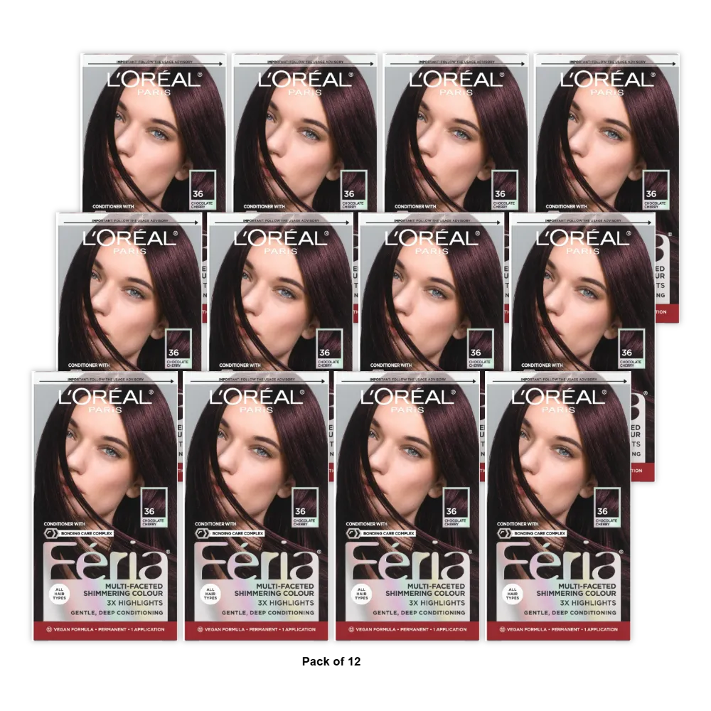 Loreal Feria Multi Faceted Shimmering Hair Color 36 Chocolate Cherry 71249230015 (Deep Burgundy Brown)1 Ea (Pack of 12)