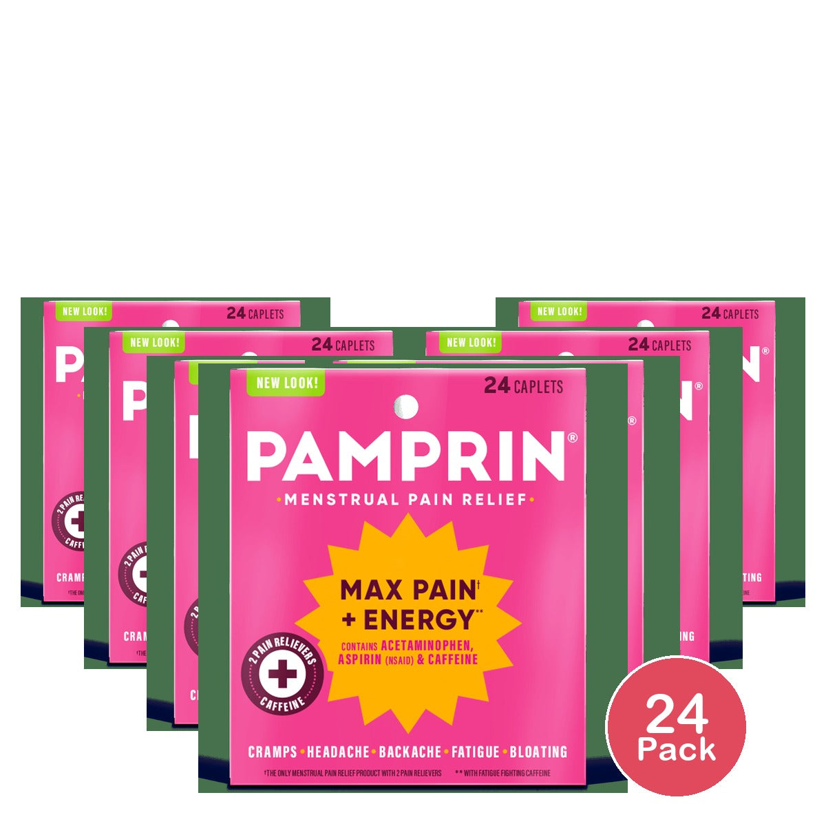 Pamprin Maximum Strength Max Pain + Energy Formula Menstrual Pain Relief Caplets 1.12 Oz (Pack of 24)