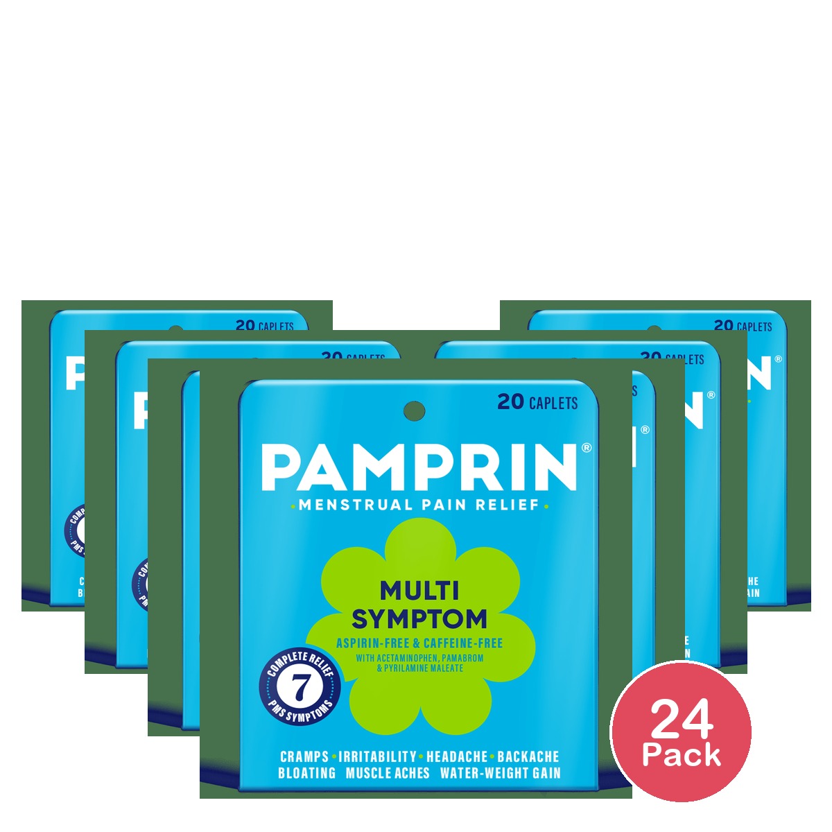 Pamprin Maximum Strength Multi-Symptom Menstrual Pain Relief Caplets 20 Ct 1.12 Oz (Pack of 24)