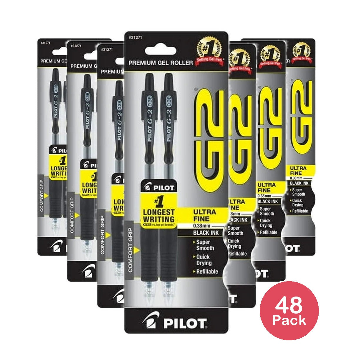Pilot G2 Premium Retractable Gel Ink Pens Ultra Fine Point 0.38 mm Black Ink (Pack of 48)