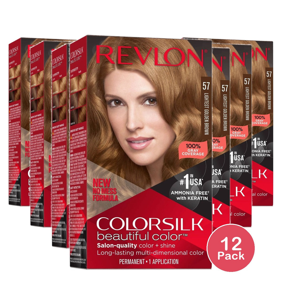 Revlon ColorSilk Permanent Hair Color 57 Lightest Golden Brown (Pack of 12)