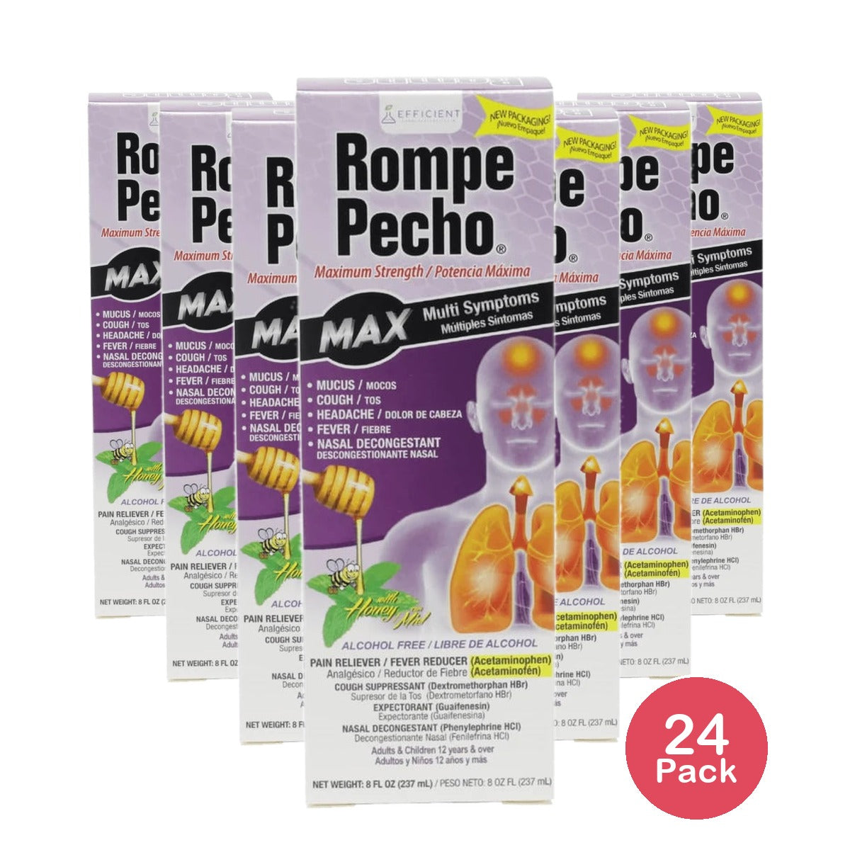 Rompe Pecho Max MultiSymptoms Maximum Strength Cough Syrup, Alcohol Free - 8 oz (Pack of 24)
