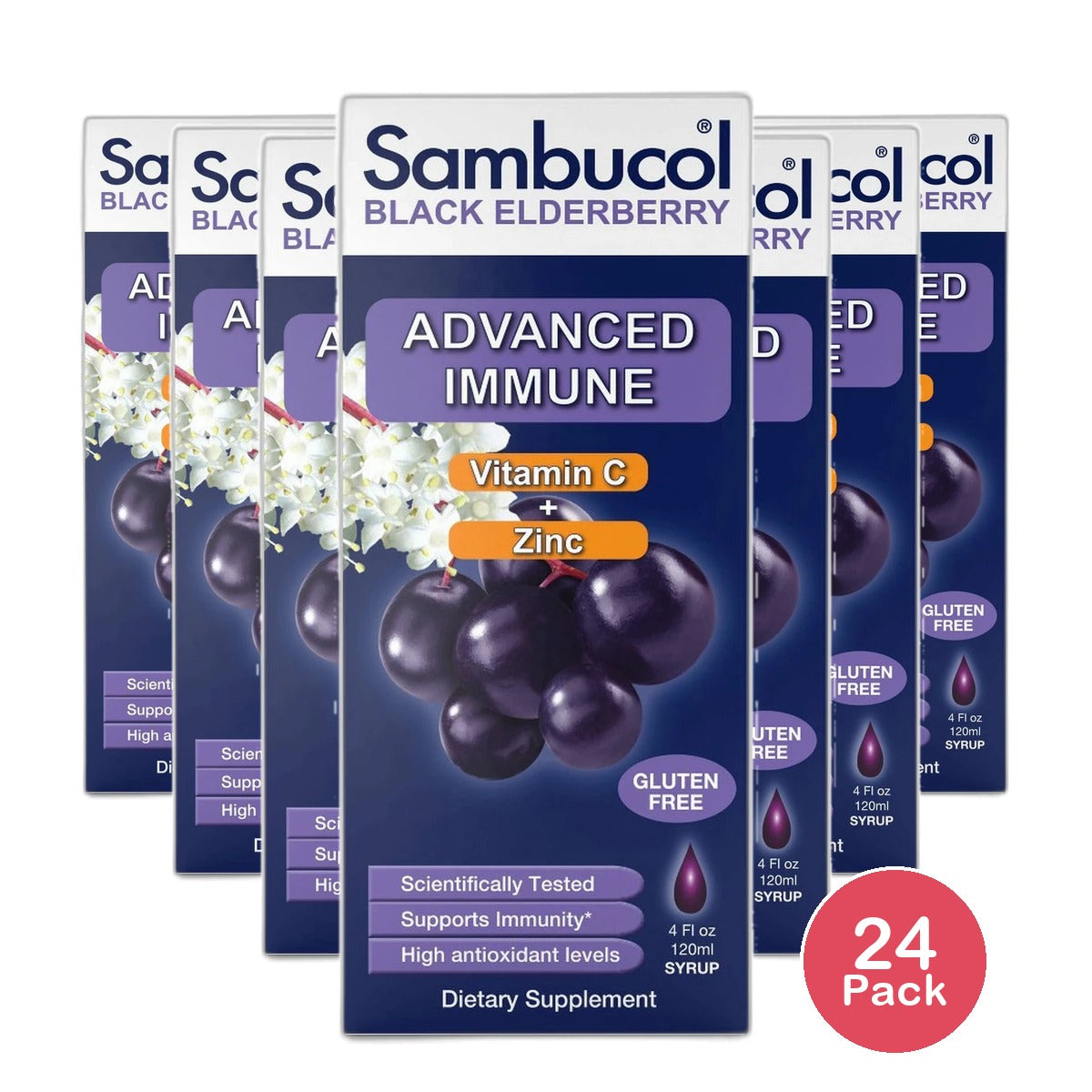 Sambucol Black Elderberry Advanced Immune Support Syrup with Vitamin C and Zinc 4Oz (Pack of 24)