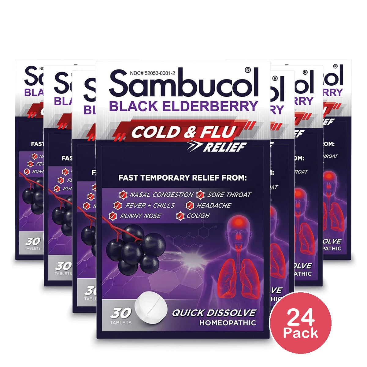 Sambucol Black Elderberry Homeopathic Cold & Flu Relief Tablets - 30Ct 0.48 Oz (Pack Of 24)
