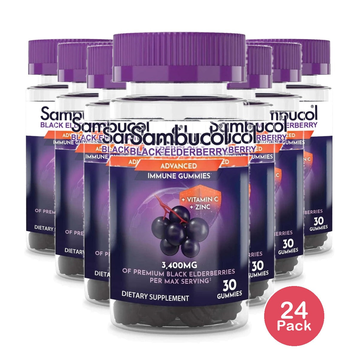 Sambucol Black Elderberry Immune Support Vegan Gummies with Vitamin C and Zinc - 30ct 4Oz (Pack of 24)