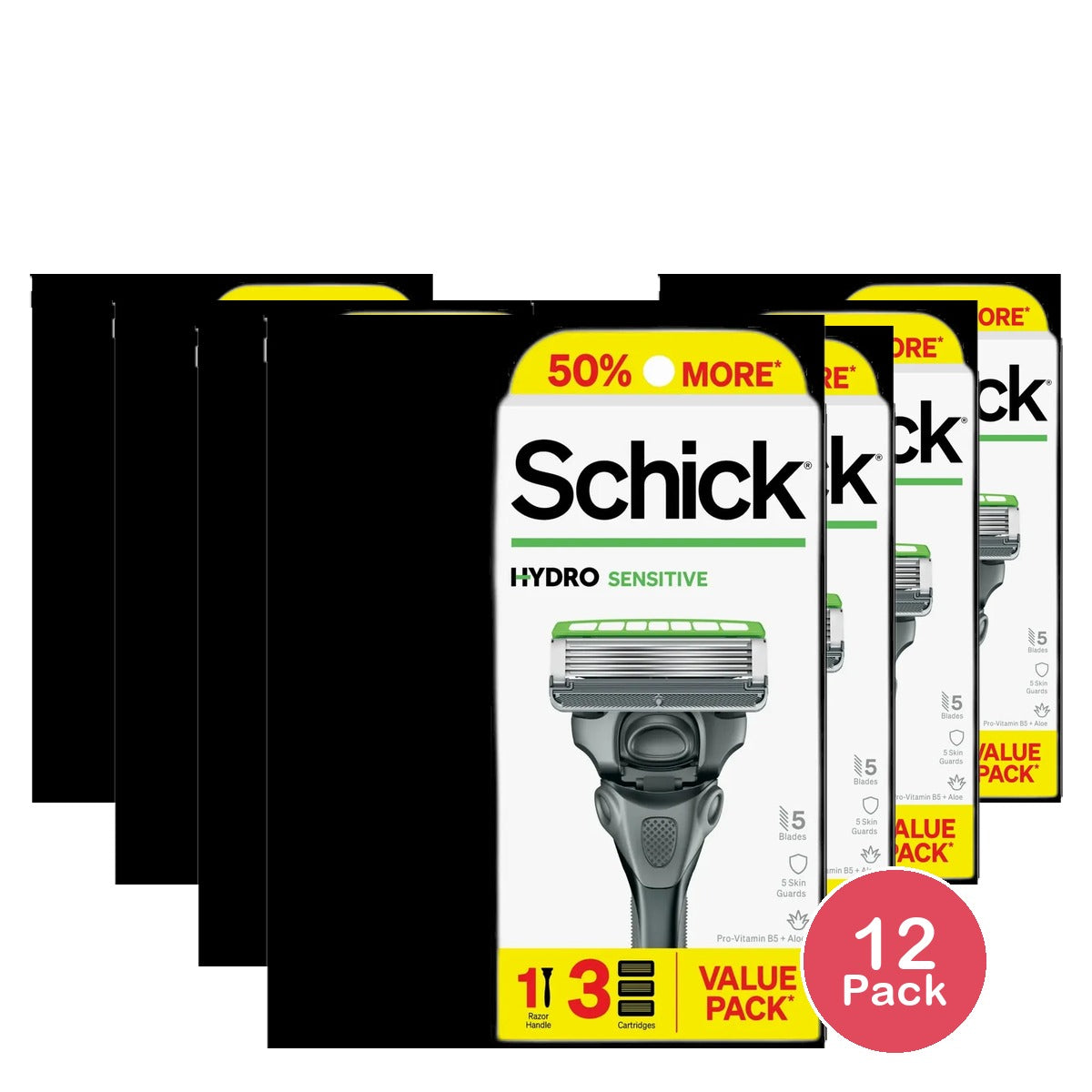 Schick Hydro Sensitive Men's 5 Blade Razor Starter Kit 1 Razor Handle with 3 Cartridges 2.89oz (Pack of 12)