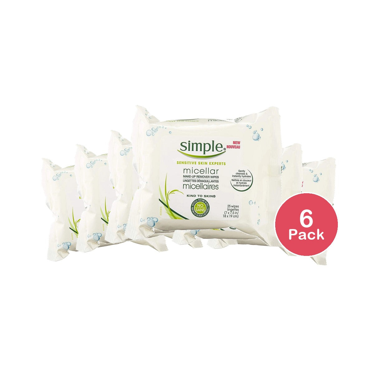 Simple Kind to Skin Cleansing Wipes Micellar 25 Wipes (Pack of 6)