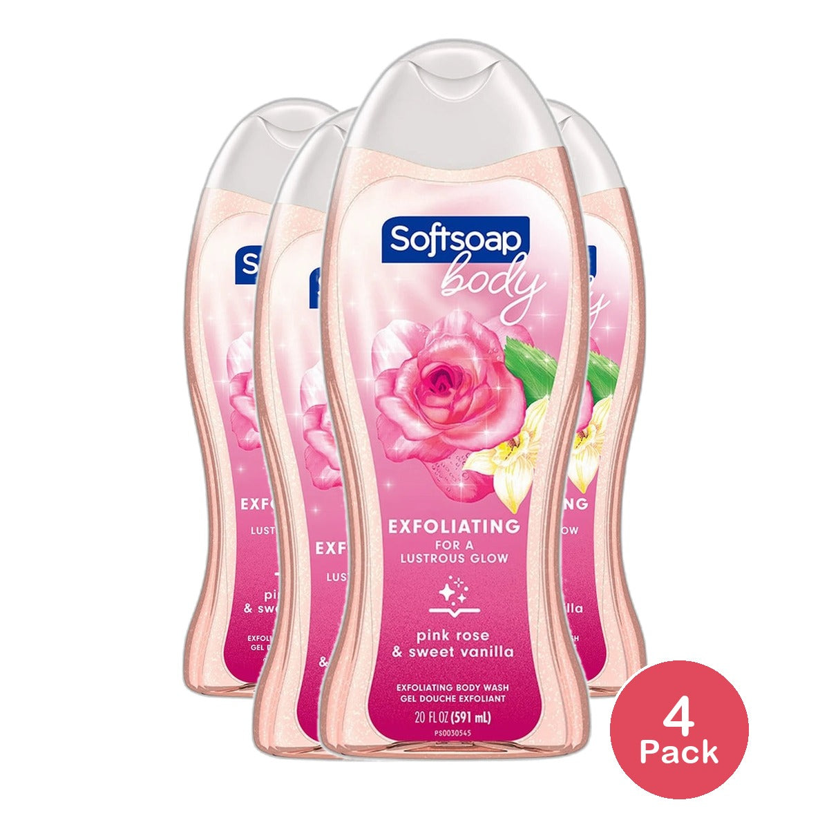 Softsoap Exfoliating Body Wash Lustrous Glow Pink Rose And Vanilla 20Oz (Pack of 4)