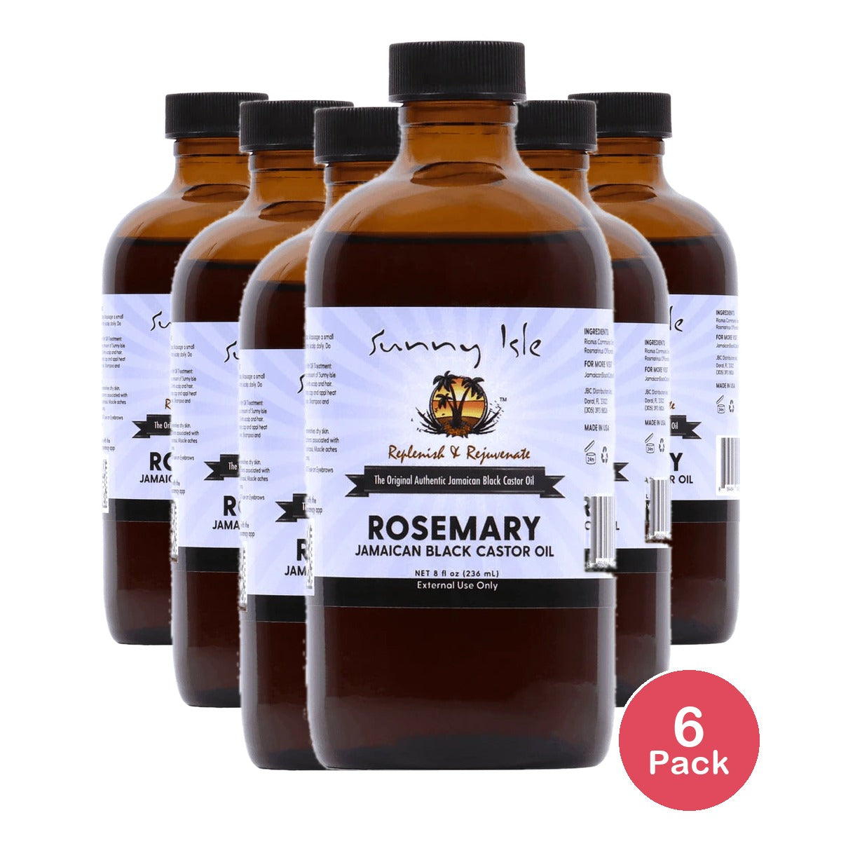 Sunny Isle Rosemary Jamaican Castor Oil, Black, 8 Fl. Oz (Pack of 6)