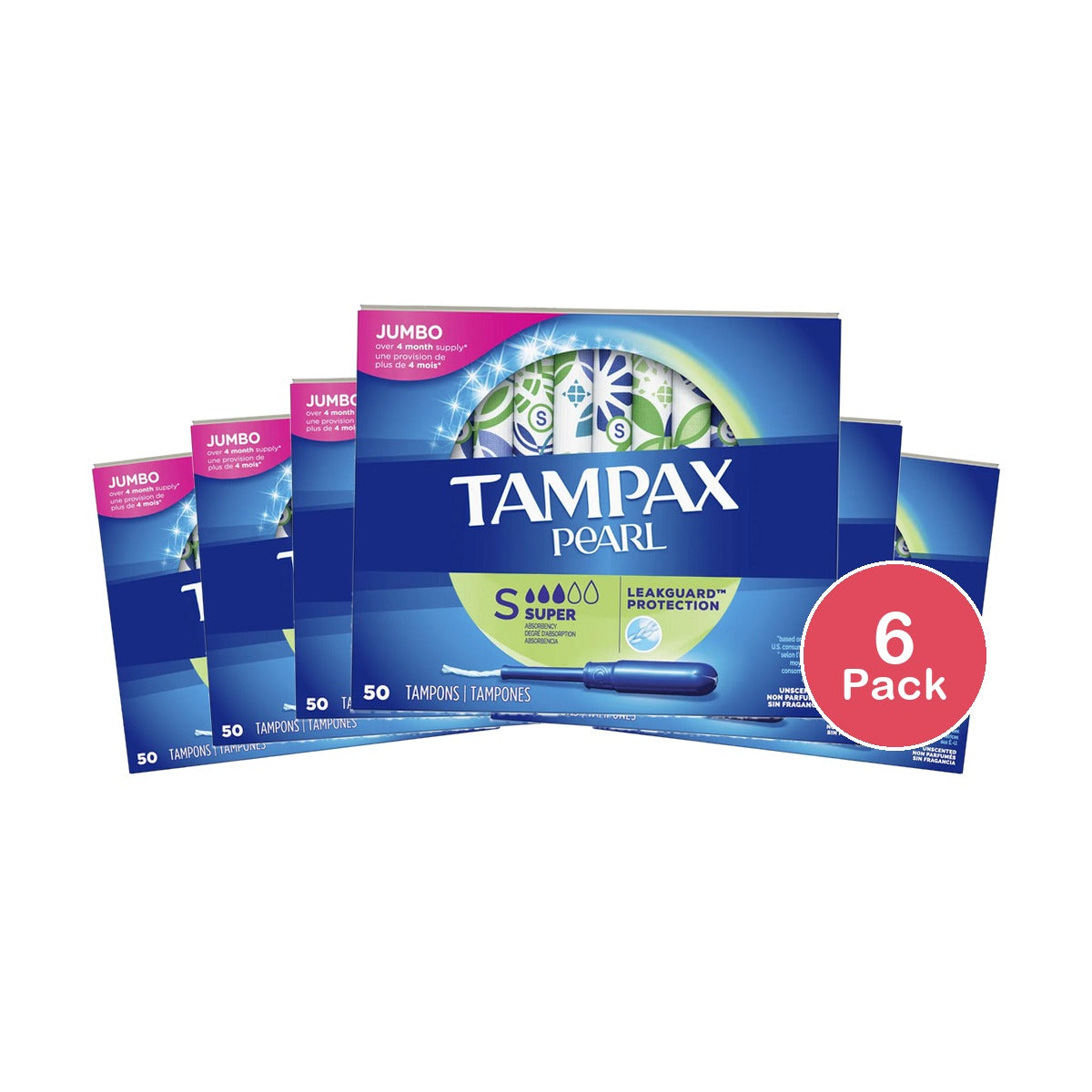 Tampax Pearl Super Unscented Tampons 50 Count 11.2oz (Pack of 6)