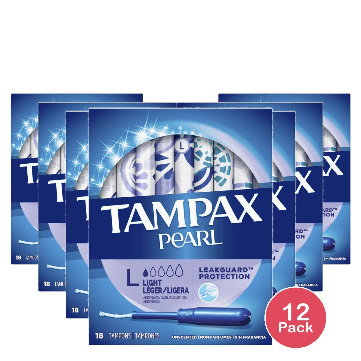 Tampax Pearl Tampons Light Absorbency With Leakguard Braid Unscented 18Count 3.53oz (Pack of 12)