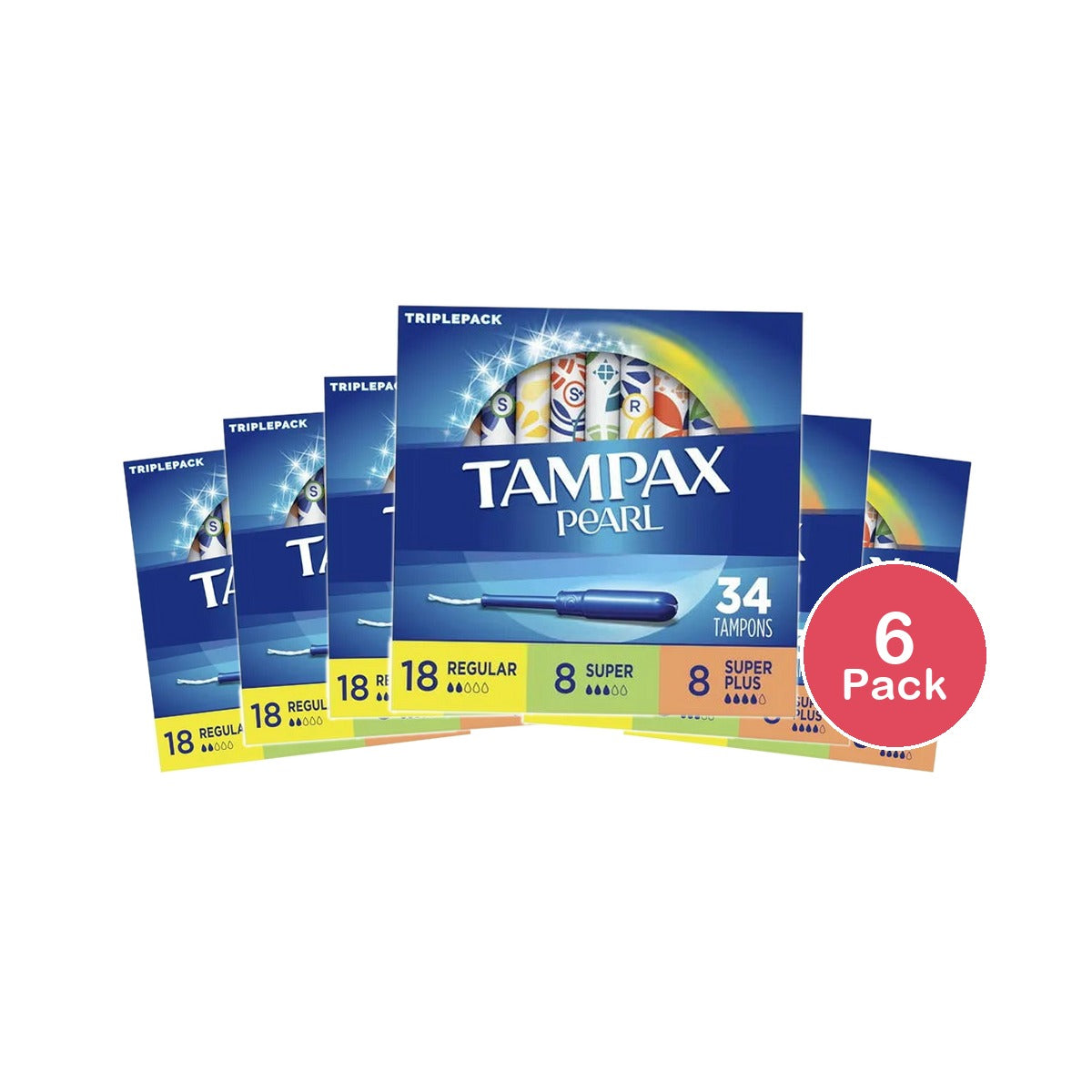 Tampax Pearl TriplePack Tampons Regular/Super/Super Plus Unscented 7.2Oz (Pack of 6)