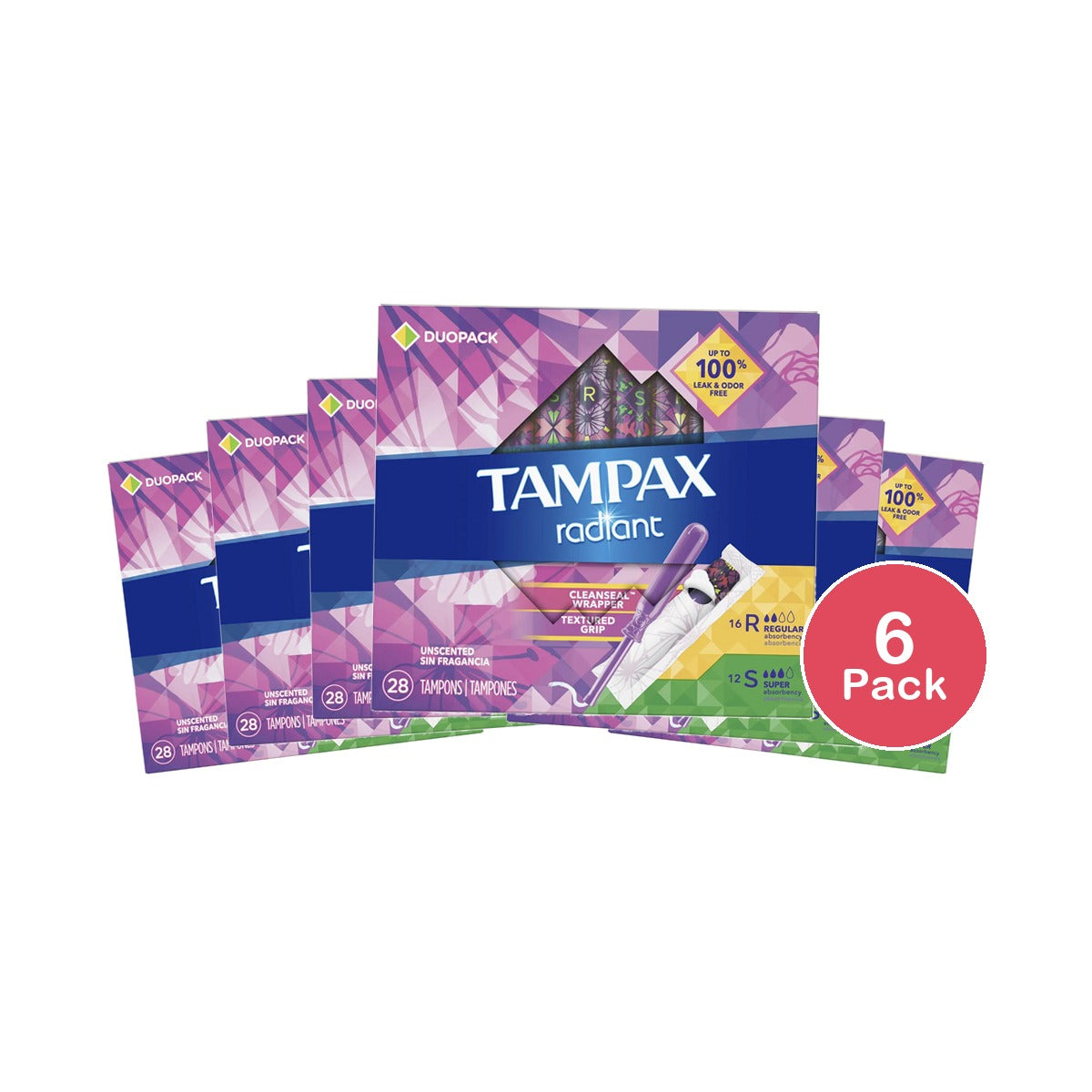 Tampax Radiant Duopack Regular/Super Absorbency Unscented Plastic Tampons (Pack of 6)