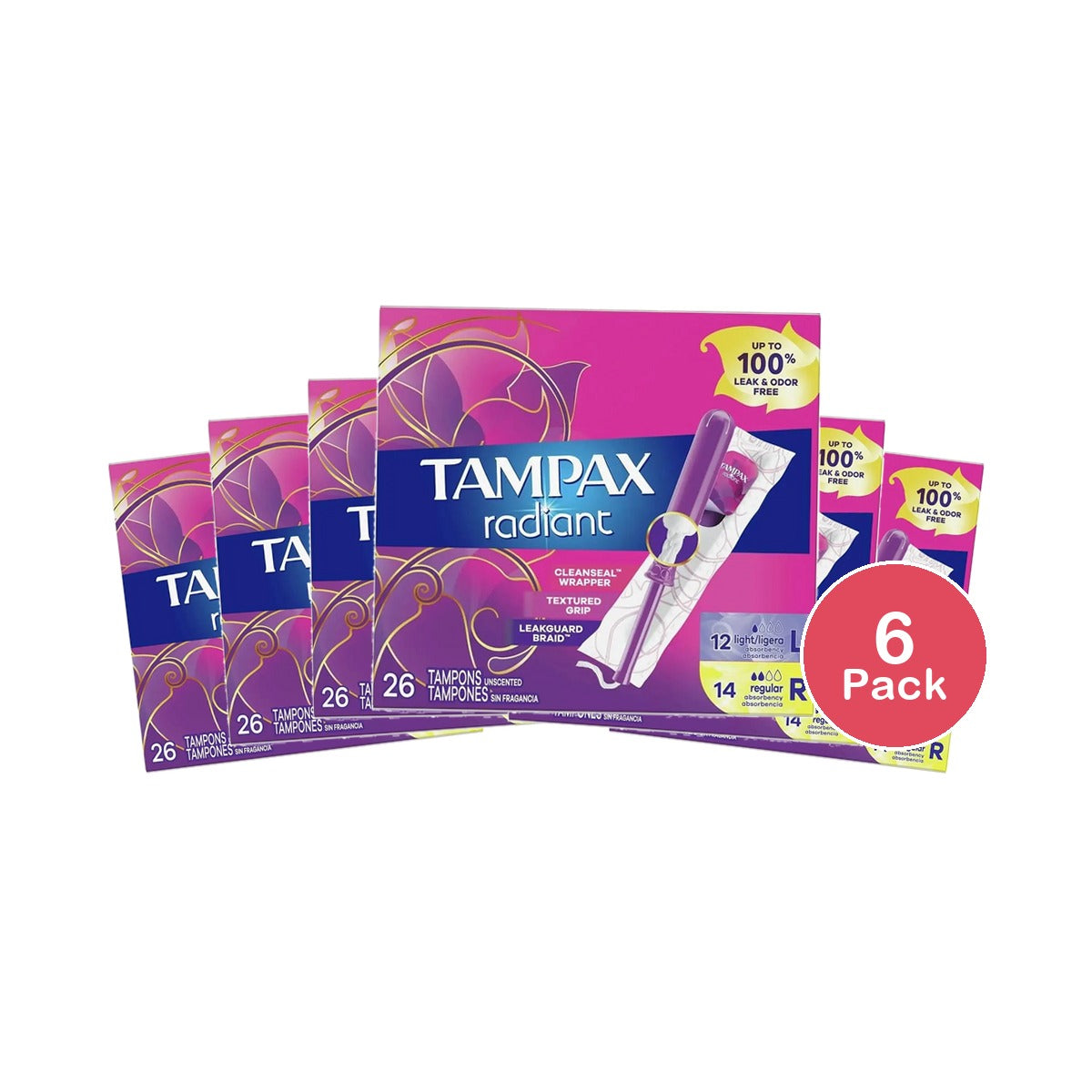 Tampax Radiant Tampons Light Absorbency Regular Unscented 6.3Oz (Pack of 6)