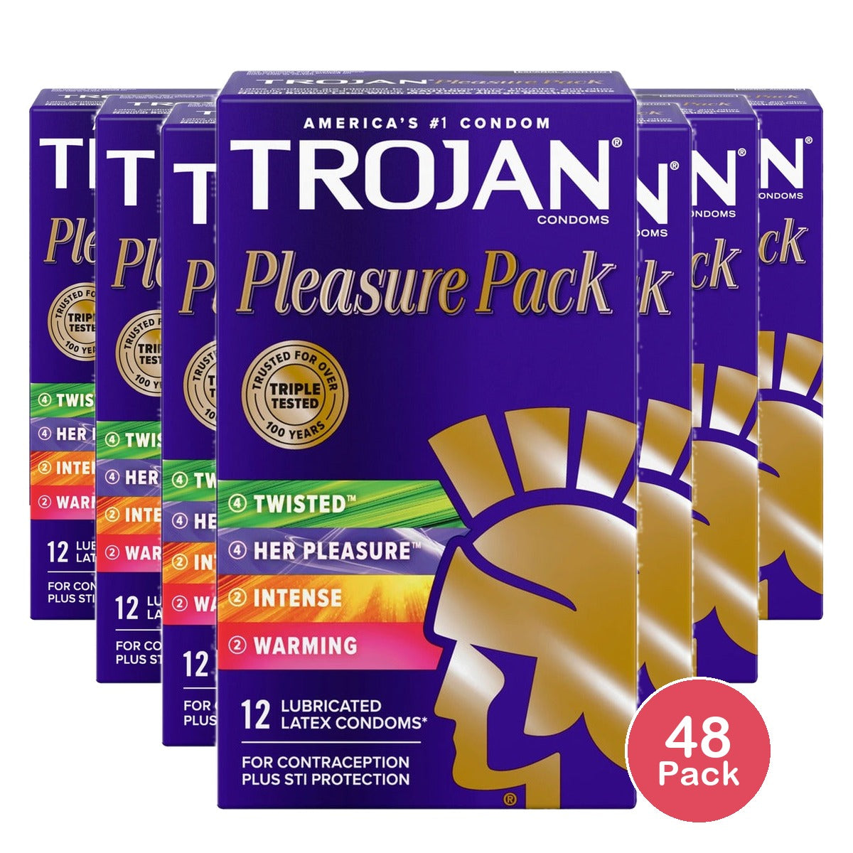 Trojan Pleasure Pack Lubricated Condoms 12 Count (Pack of 48)