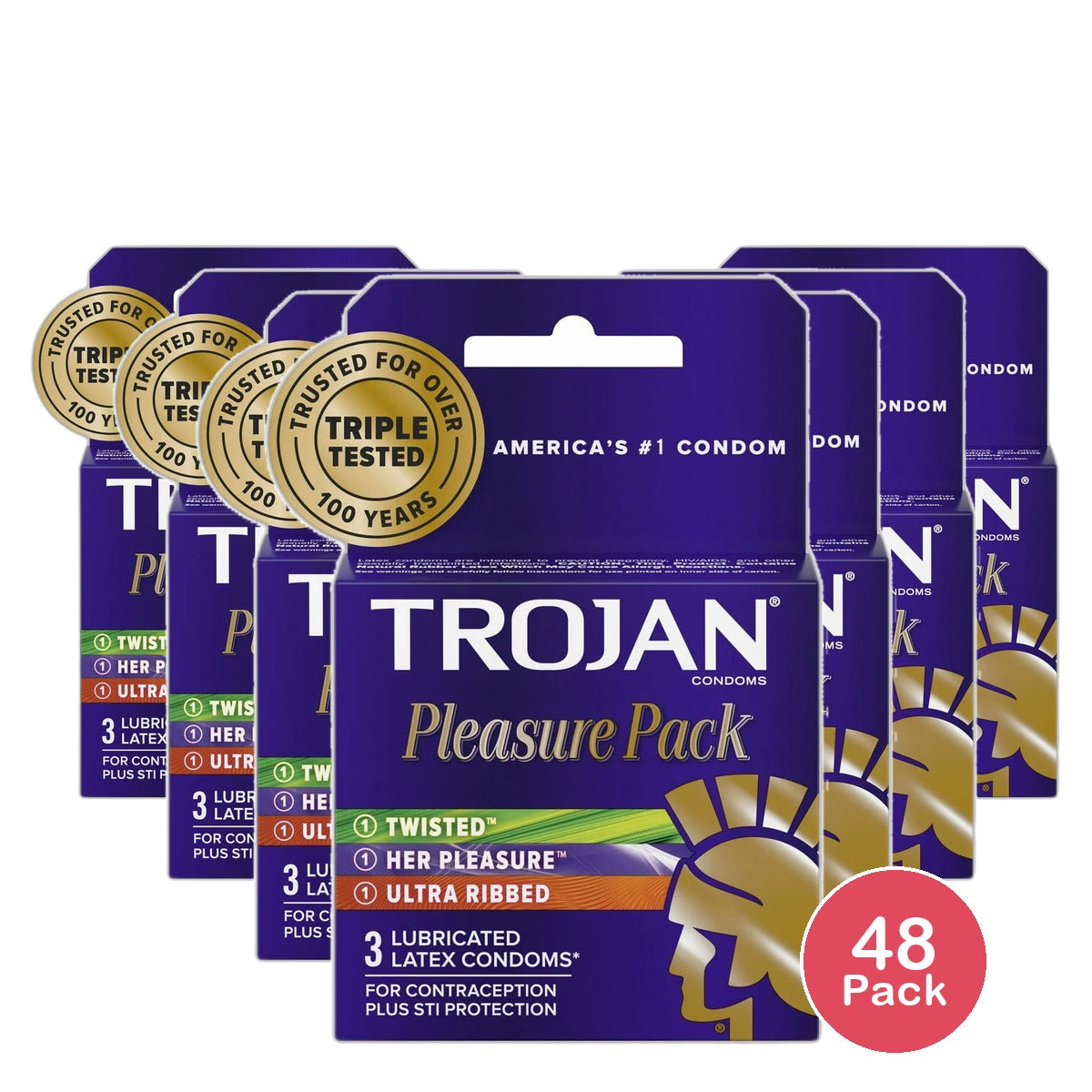 Trojan Pleasure Pack Ultra Ribbed Lubricated Condoms 0.64oz (Pack of 48)
