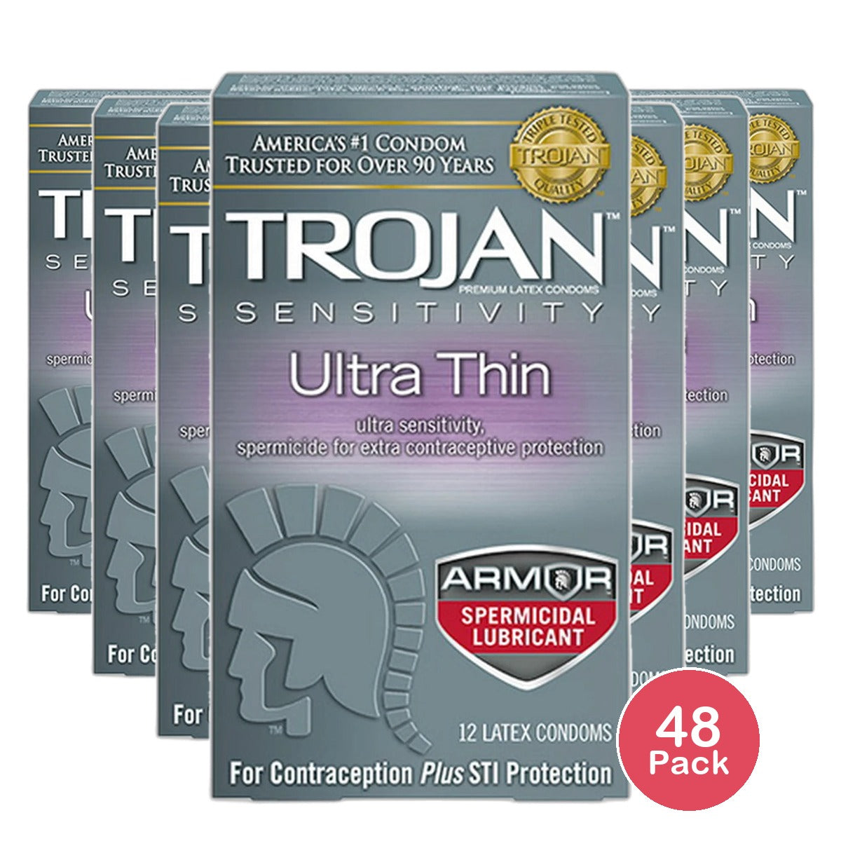 Trojan Sensitivity Ultra Thin Lubricated Latex Condoms Spermicidal 2.11oz (Pack of 48)