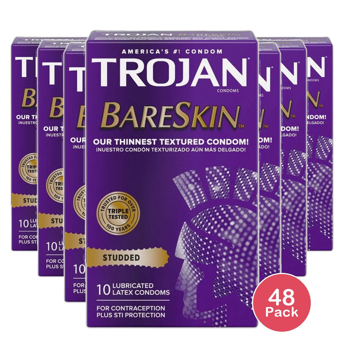 Trojan Studded Bareskin Lubricated Condoms 0.2 Oz (Pack Of 48)