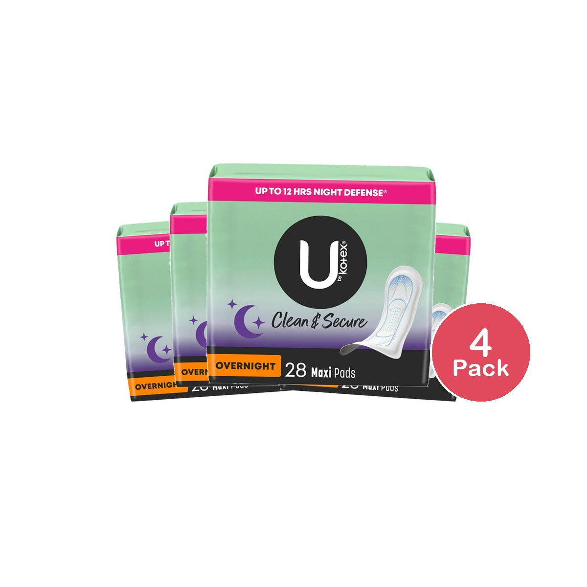 U by Kotex Clean & Secure Overnight Maxi Pads 28 Count 17.28oz (Pack of 4)