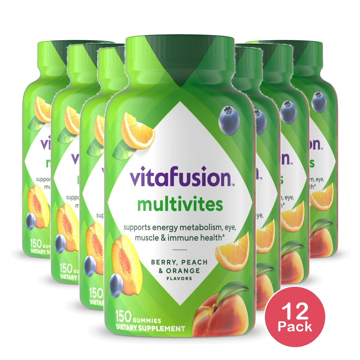 Vitafusion MultiVites Gummy Multivitamins for Adults, Berry, Peach and Orange Flavored, 150 Count (Pack of 12)