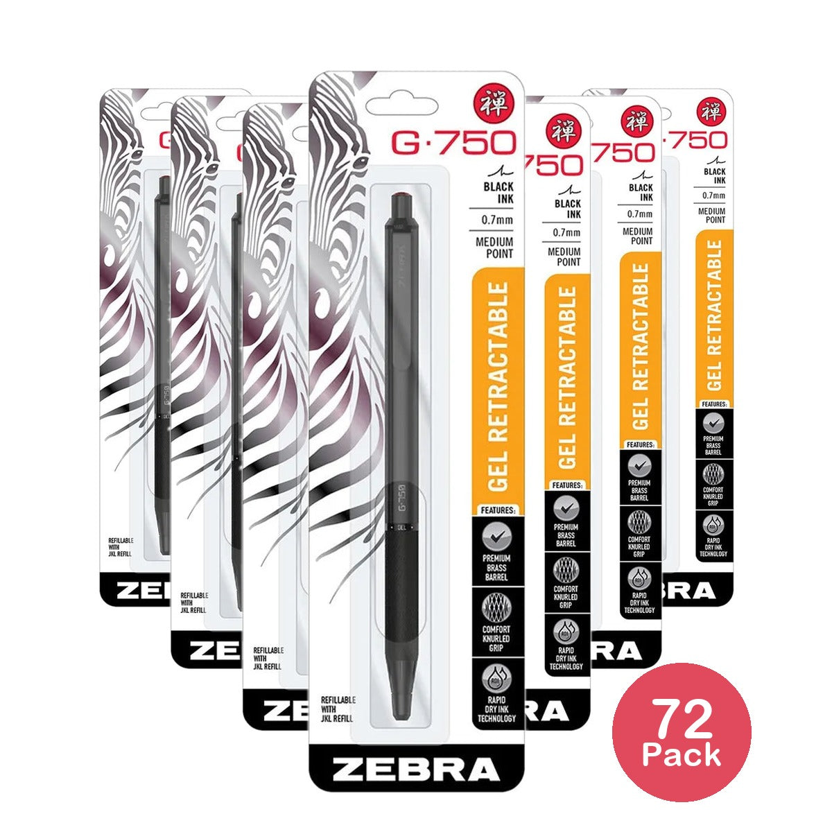 Zebra G 750 Premium Metal Barrel Retractable Gel Pen 1.1Oz (Pack of 72)