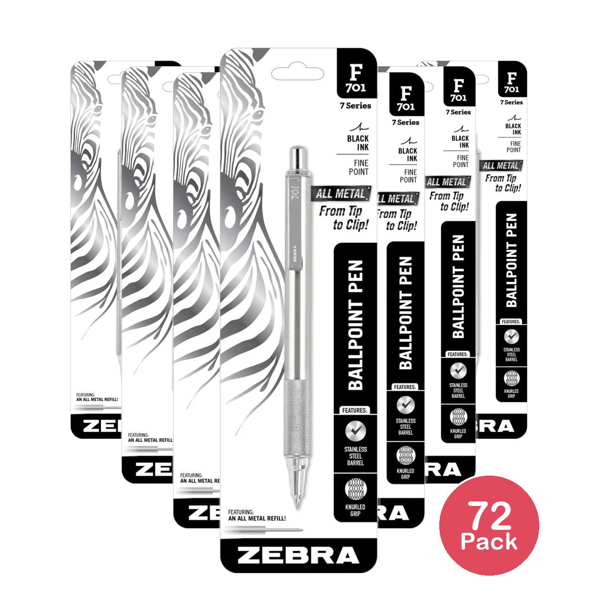 Zebra Pen F-701 Stainless Steel Ballpoint Retractable Pen Black Ink Fine Point (Pack of 72)