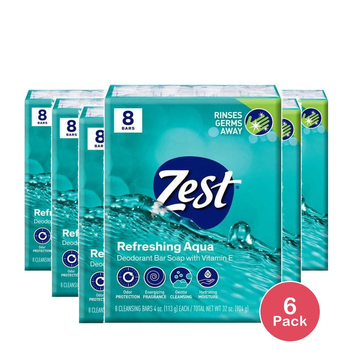 Zest 8-Bar Bath Size Soap, Aqua, 4 OZ (Pack of 6)