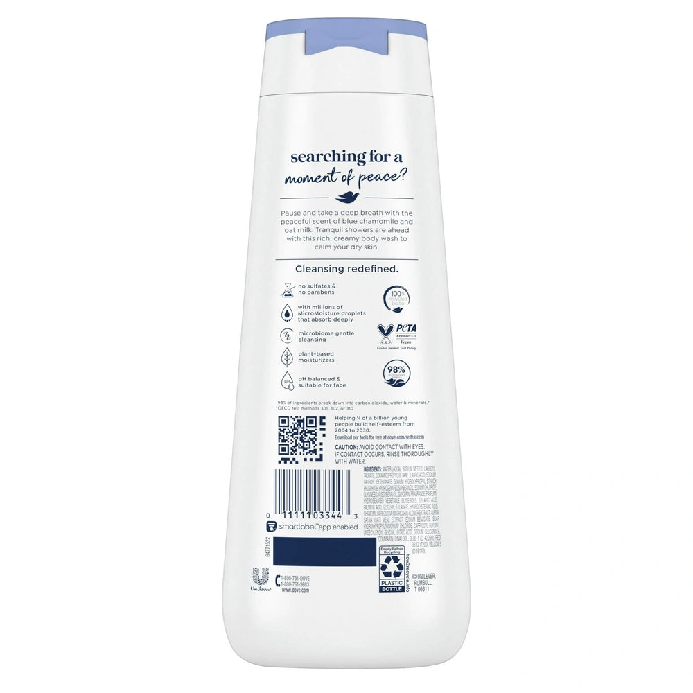 Dove Body Wash for Women Moisturizing Anti-Stress Blue Chamomile & Oat Milk Clear 20 oz (Pack of 4)