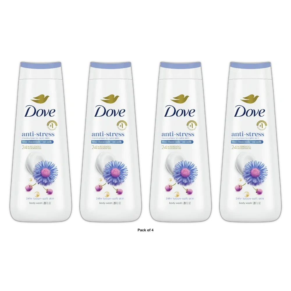 Dove Body Wash for Women Moisturizing Anti-Stress Blue Chamomile & Oat Milk Clear 20 oz (Pack of 4)