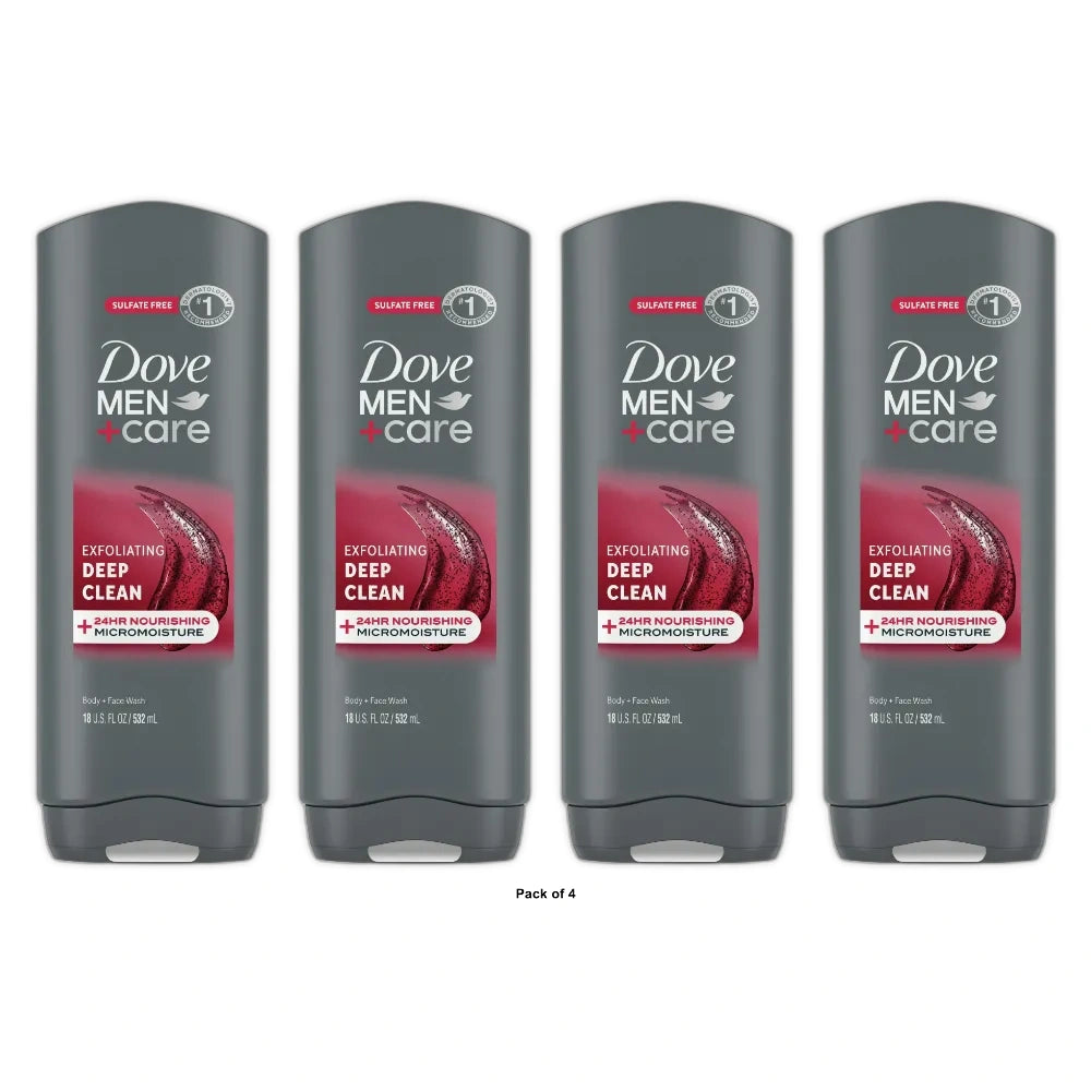 Dove Men + Care Body and Face Wash, Deep Clean, 18 OZ (Pack of 4)