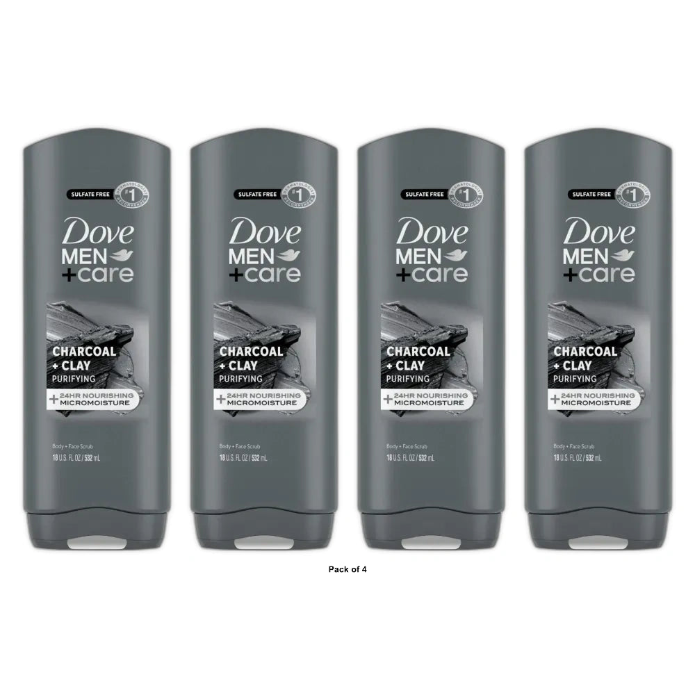 Dove Men+Care Purifying Hydrating Face & Body Wash for Men Charcoal & Clay 18 fl oz (Pack of 4)