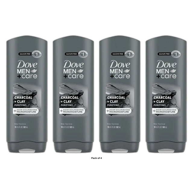 Dove Men+Care Purifying Hydrating Face & Body Wash for Men Charcoal & Clay 18 fl oz (Pack of 4)