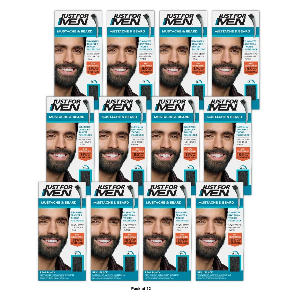 Just for Men Brush-In Color Gel for Mustache & Beard, Real Black M-55, 1 kit, (Pack of 12)