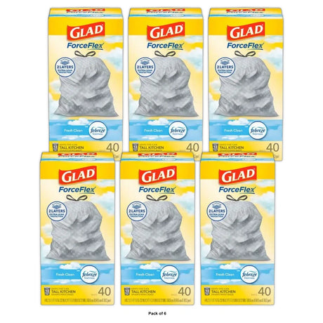 Glad ForceFlex Tall Kitchen Trash Bags 13 Gallon 40 Bags Fresh Clean Scent F (Pack of 6)
