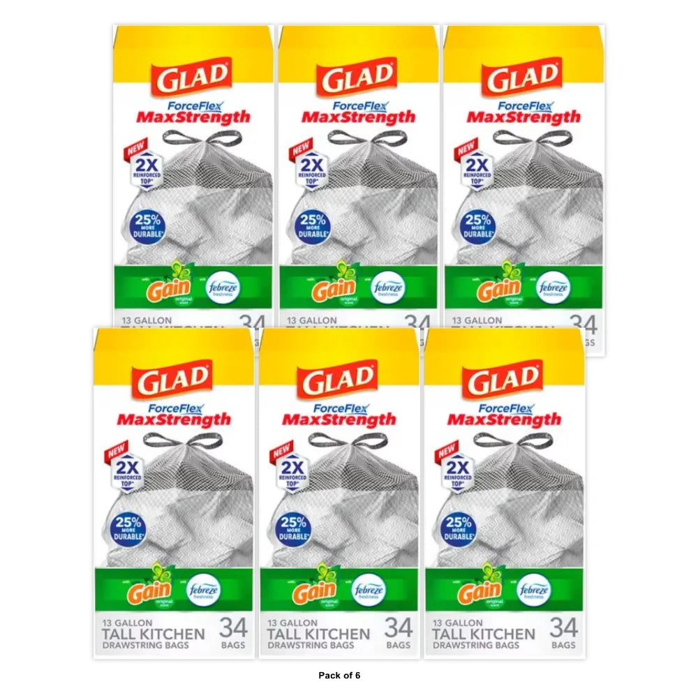 Glad Tall Kitchen Trash Bags 13 Gallon 34 Bags (ForceFlexPlus Gain Original) (Pack of 6)