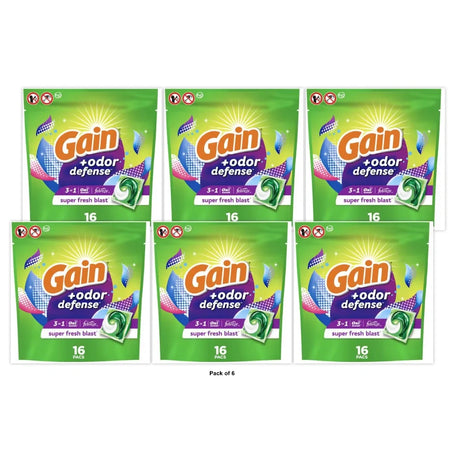 Gain Flings Laundry Detergent Pacs with Odor Defense, HE 3in1 with Febreze and Odor Defense (Pack of 6)