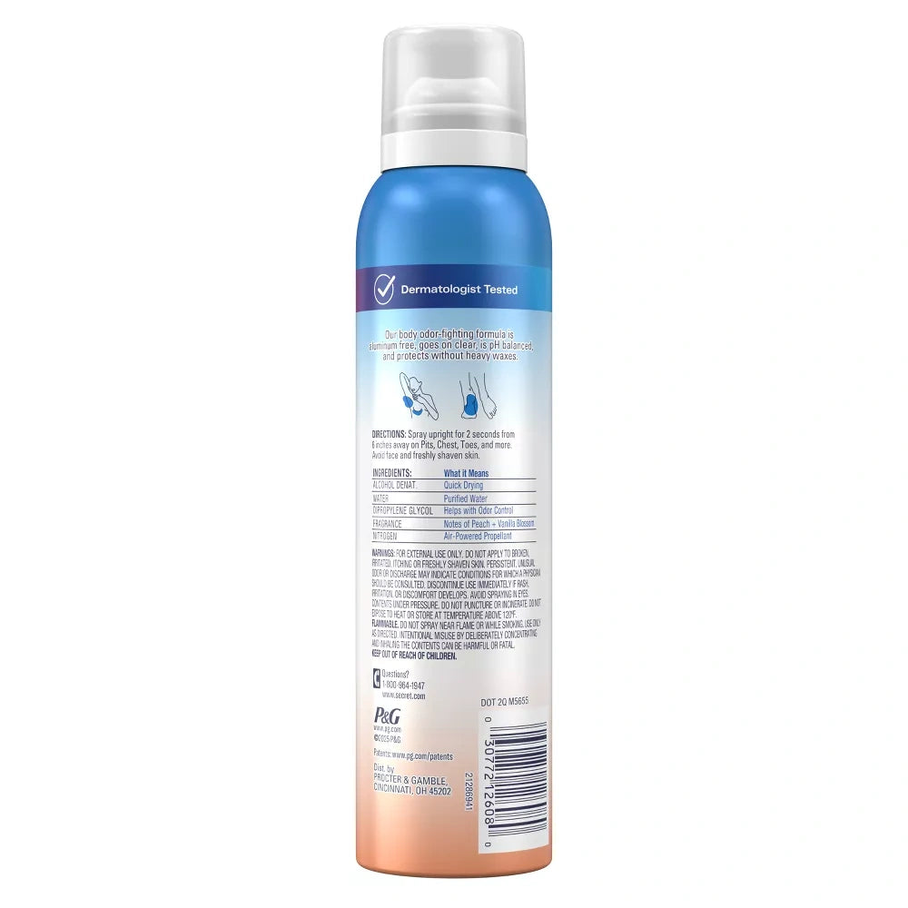 Secret Whole Body Deodorant Spray - Peach & Vanilla - Aluminum-Free 3.5 OZ (Pack of 12)