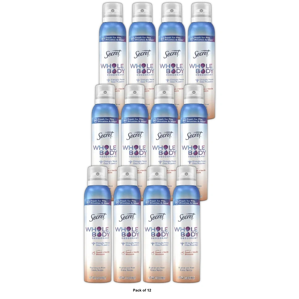 Secret Whole Body Deodorant Spray - Peach & Vanilla - Aluminum-Free 3.5 OZ (Pack of 12)