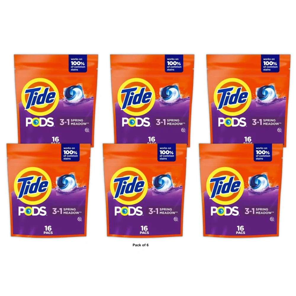 Tide PODS Liquid Laundry Detergent Pacs Spring Meadow16 Count (Pack of 6)