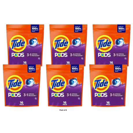 Tide PODS Liquid Laundry Detergent Pacs Spring Meadow16 Count (Pack of 6)