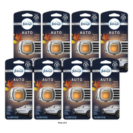 Febreze Auto Odor-Eliminating Car Freshener Vent Clip Evening Woods 0.06 Oz Car (Pack Of 8)