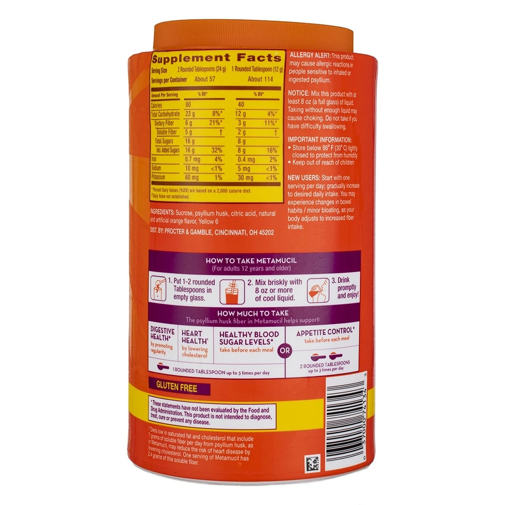 Metamucil Psyllium Fiber Supplement with Sugar Powder- Orange -52.32 oz(Pack of 4)