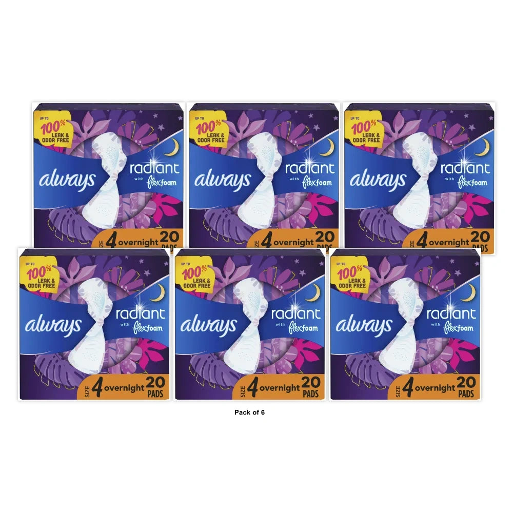 Always Radiant Overnight Sanitary Pads with Wings - Scented - Size 4 - (Pack of 6)