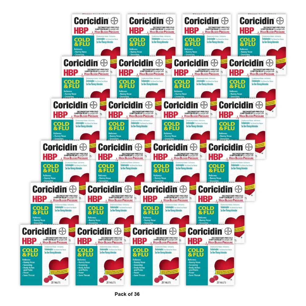 Coricidin HBP Cold & Flu Relief Tablets High Blood Pressure 20 Ct (Pack of 36)
