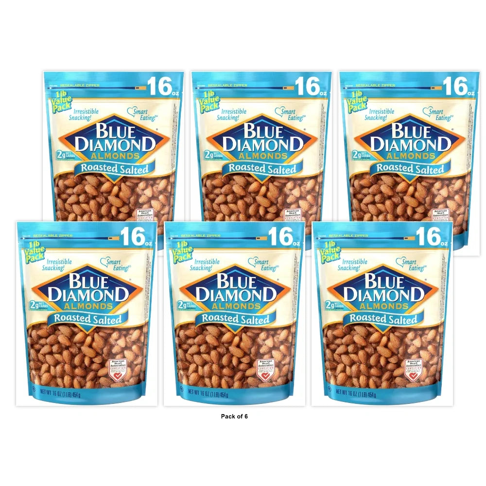 Blue Diamond Roasted Almonds Salted Bag 16 oz (Pack of 6)