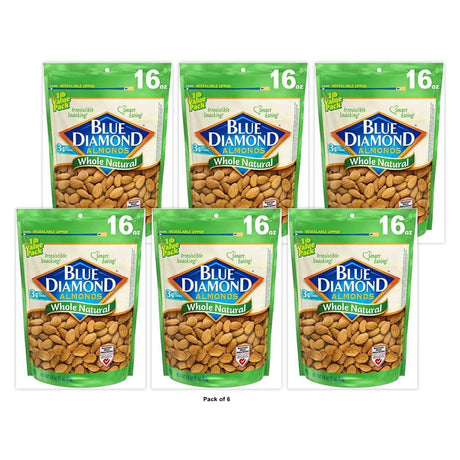 Blue Diamond Whole Natural Value Pack Almonds Bag 16 0Z (Pack of 6)