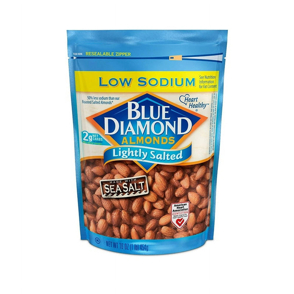 Blue Diamond Almonds Low Sodium Lightly Salted Snack Nuts, Resealable Bag 16 oz (Pack of 6)